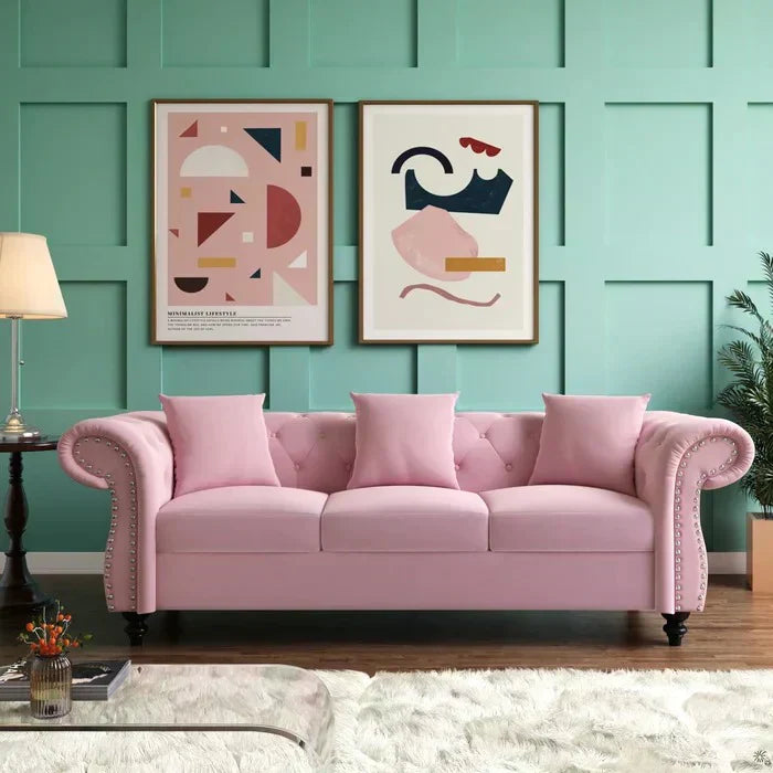 Rolled Arm Luxury Chesterfield Sofa Set in Suede Pink