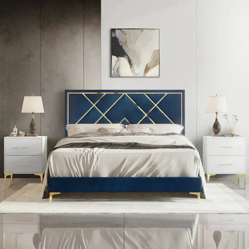 Porch Premium Upholstered Bed Without Storage In Suede Blue