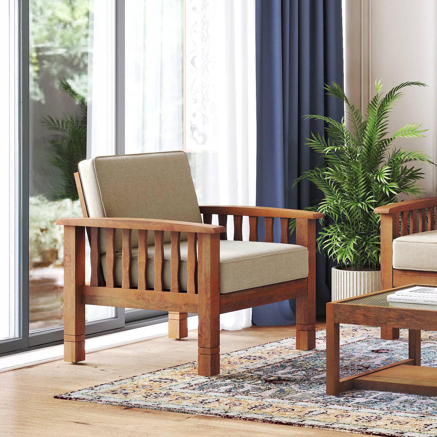 Jackson Wooden Sofa Set in Beige Suede - Luxe Maple 1 Seater