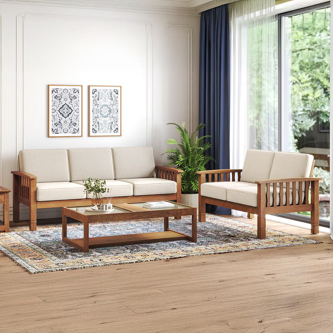 Jackson Wooden Sofa Set in Beige Suede - Luxe Maple 3+2+2 Seater