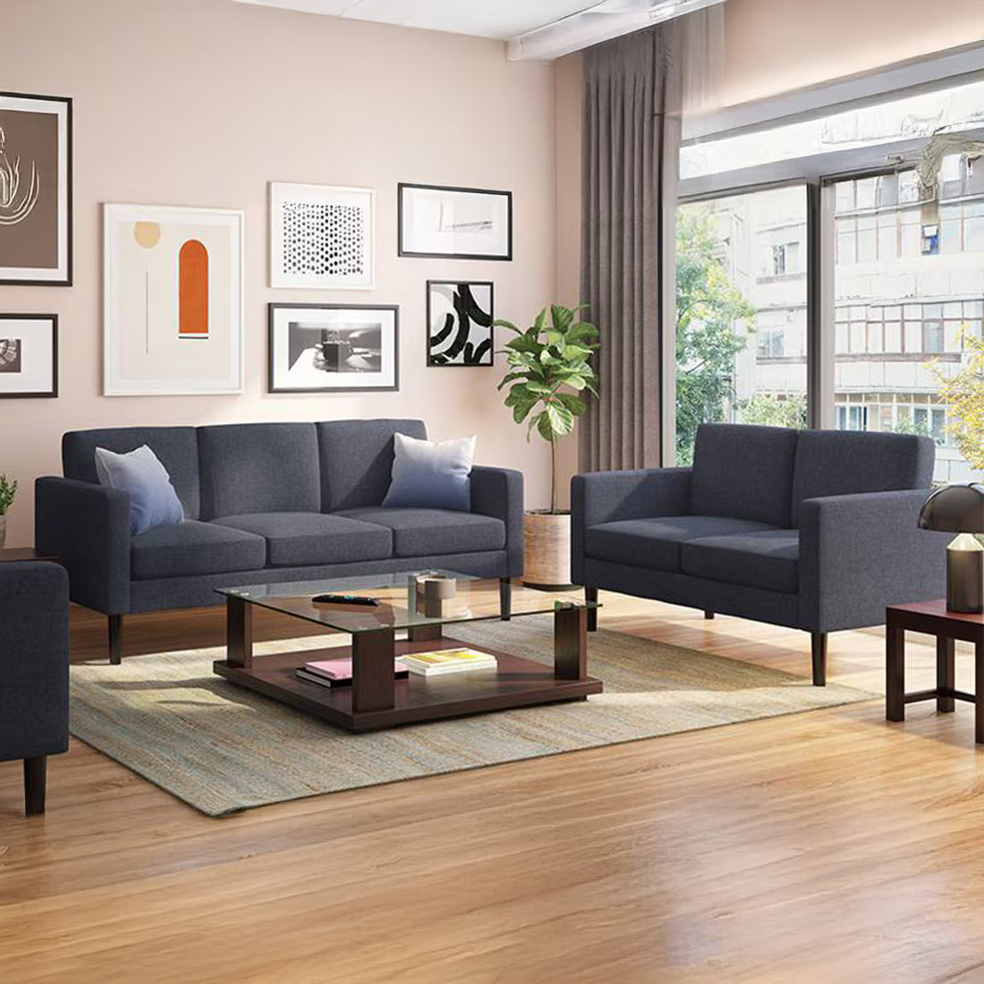 Lixer Straight Light Sofa Set in Suede - Luxe Maple