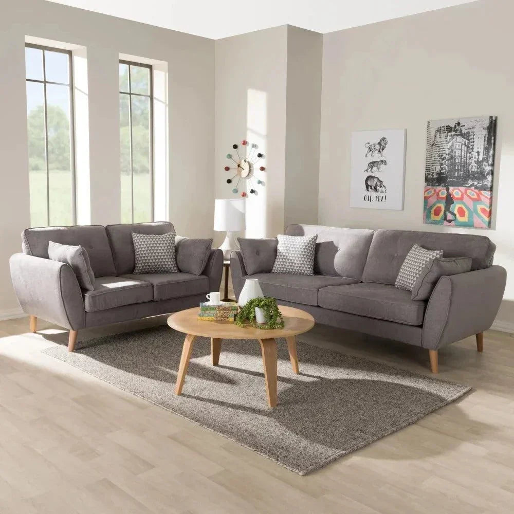 Baxton Straight Line Sofa Set in Suede Grey
