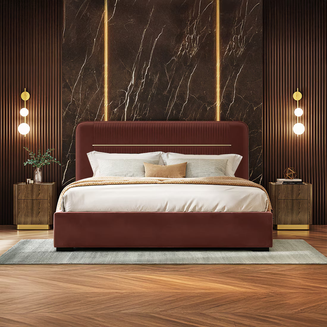Milan Premium Upholstered Bed In Suede - Luxe Maple