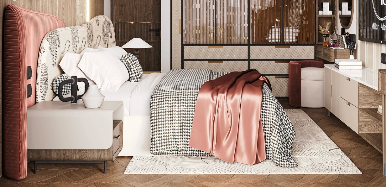 Moraco Premium Upholstered Bed In Suede With Side Tables