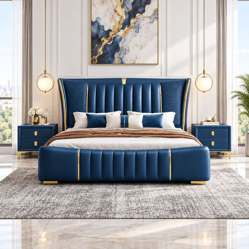 Relexo Luxury Upholstered Bed in Leatherette Blue