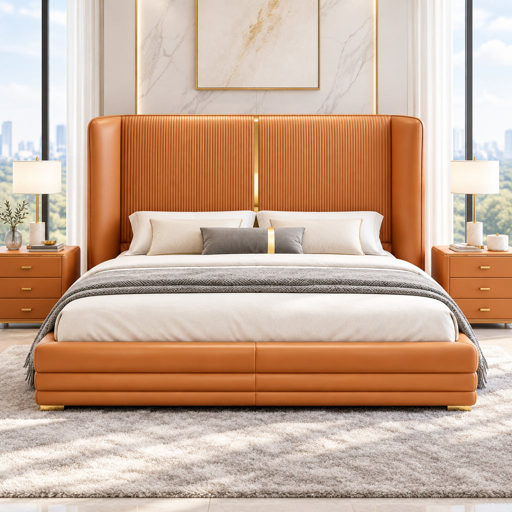 Vitara Luxury Upholstered Bed in Leatherette | Designer Bed - Luxe Maple