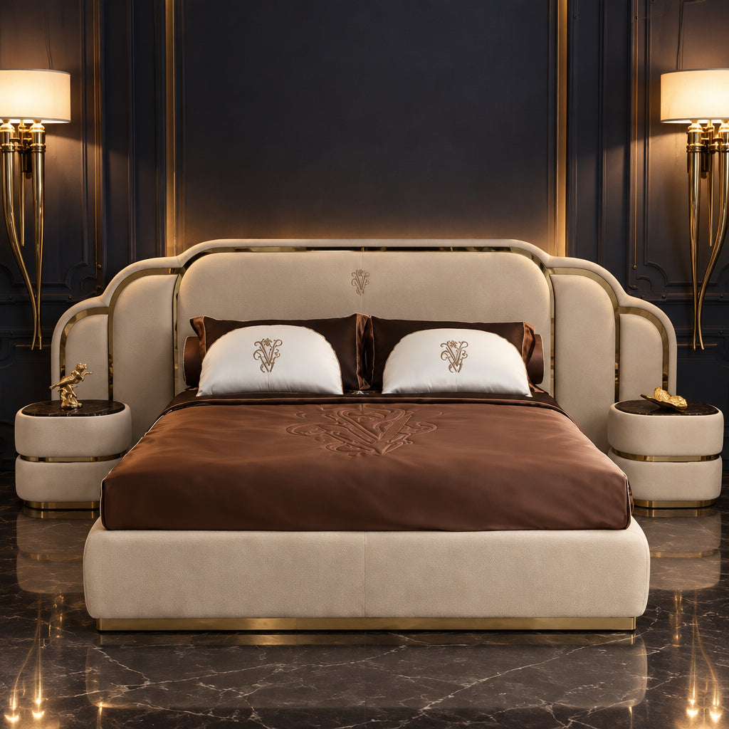 Vivo Premium Upholstered Bed With Side Tables in Suede - Luxe Maple