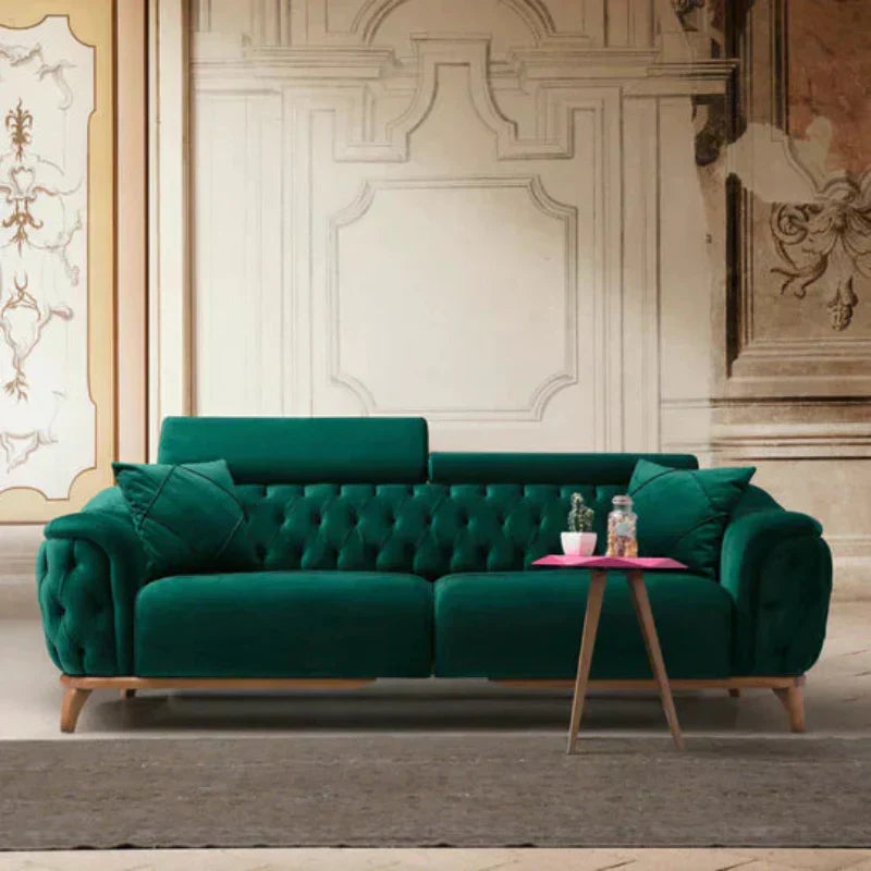 Turkish Arm Luxury Chesterfield Sofa Set in Suede Green