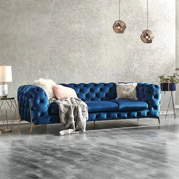 Ronaldo Chesterfield Sofa Set In Suede Blue