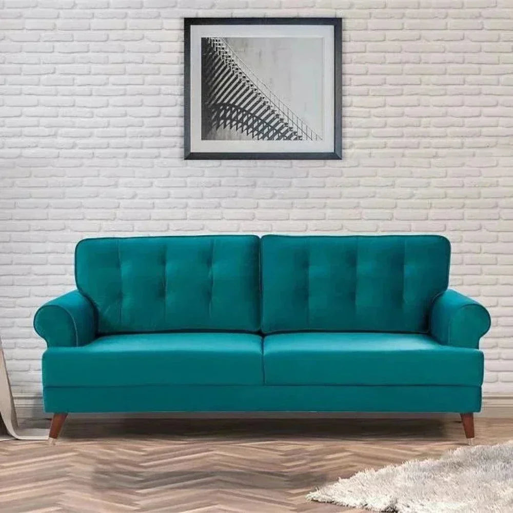Mosco Straight Line Sofa Set In Suede Teal Blue