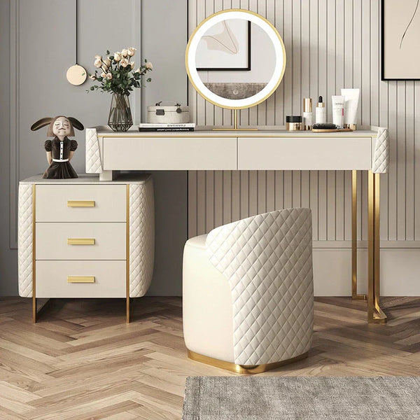 Pacific Dressing Table With Ottoman In Stainless Steel - Gold - Luxe Maple