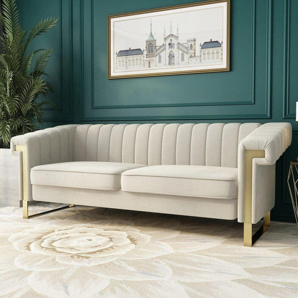 Glam Sofa Set in Beige With Golden SS Frame - Luxe Maple