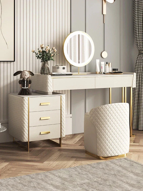 Pacific Dressing Table With Ottoman In Stainless Steel - Gold - Luxe Maple