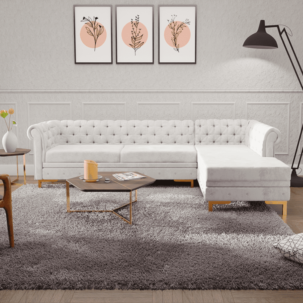 Lexis Tufted back Suede Chesterfield Sectional Sofa White