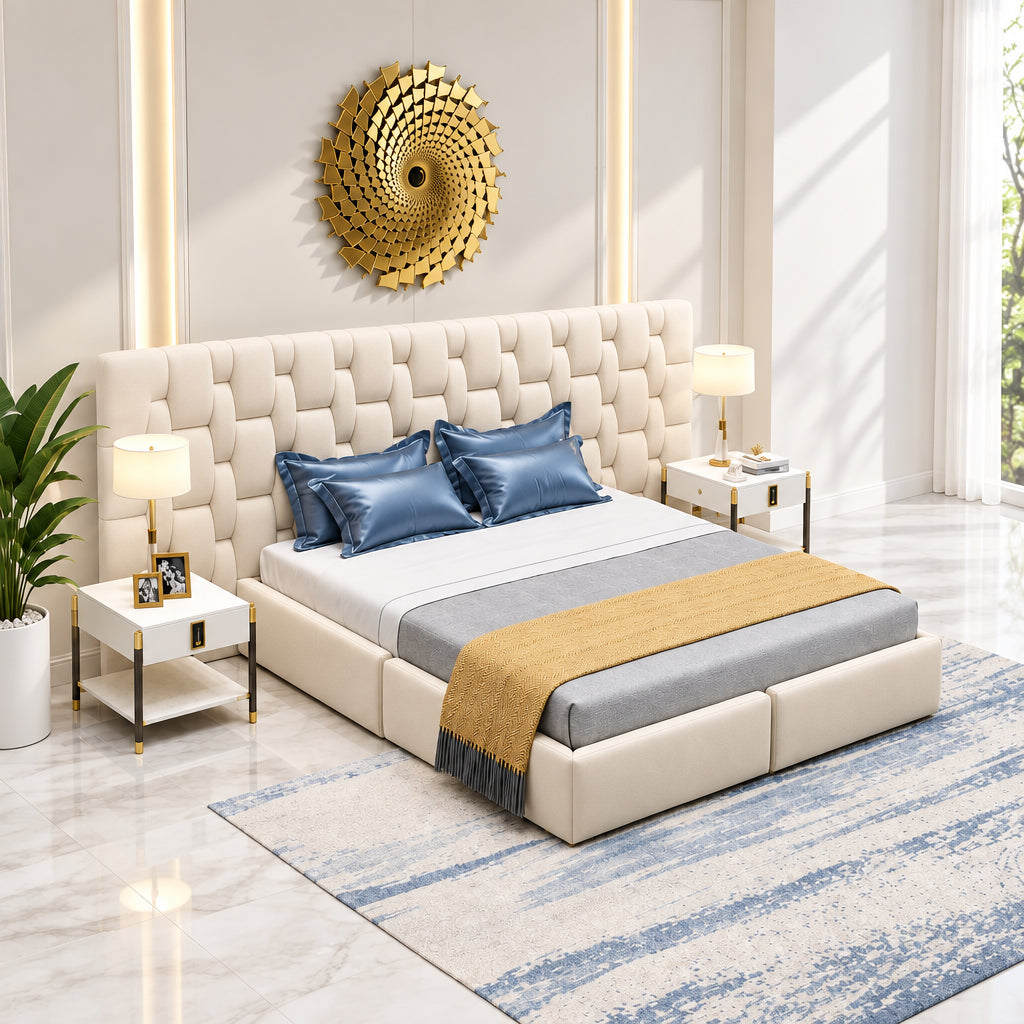 Casper Premium Upholstered Bed With Side Tables in Suede - Luxe Maple