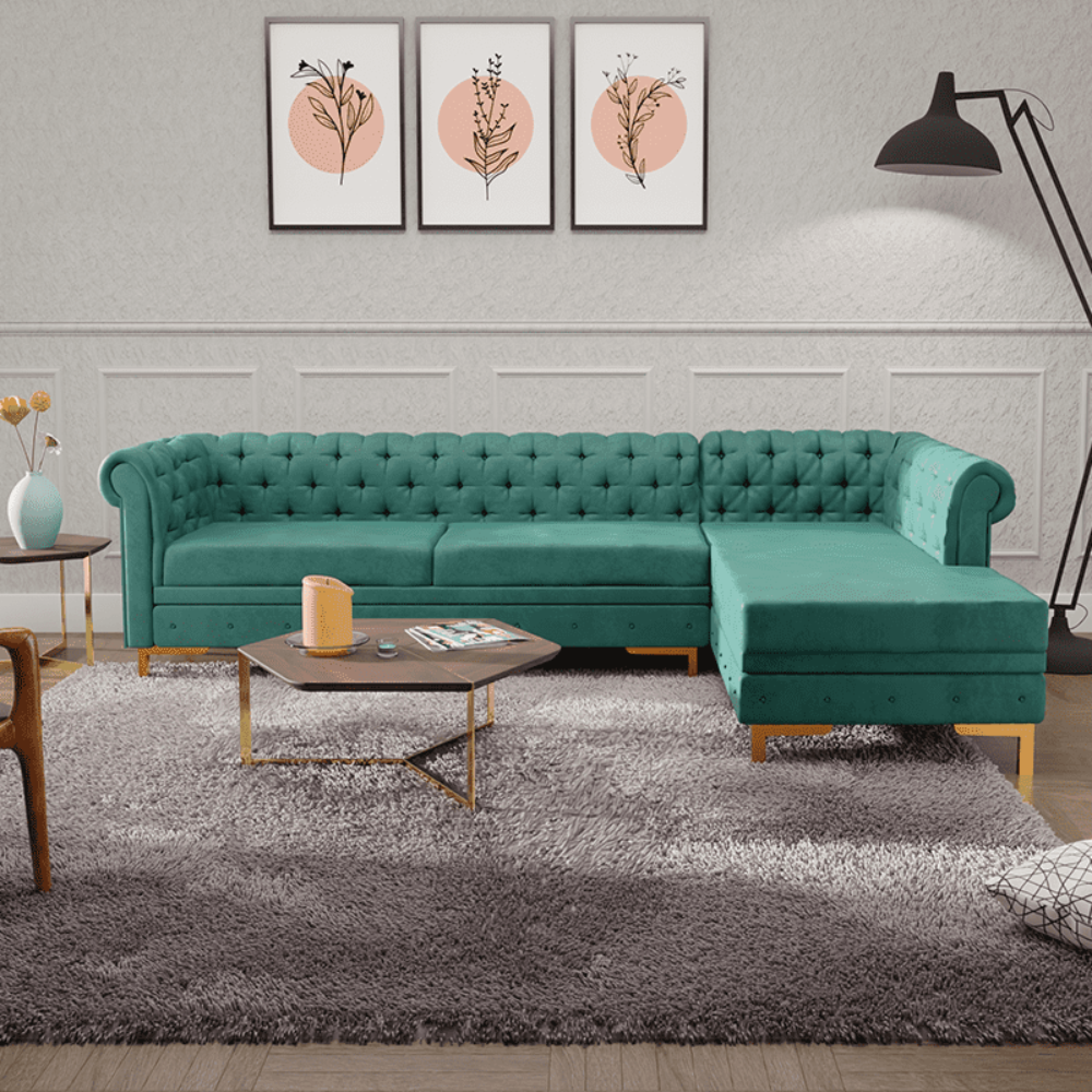 Lexis Tufted back Suede Chesterfield Sectional Sofa Bottle Green