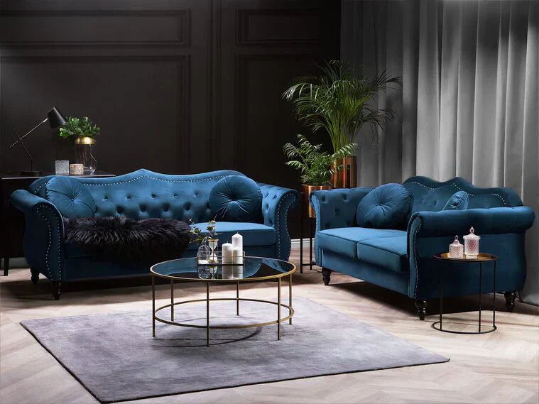 Wills Luxury Chesterfield Sofa Set in Suede Blue