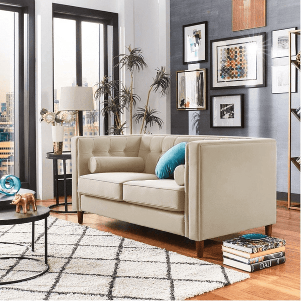 Brew Tuxedo Faux Leatherette Sofa with Accent Pillows - Luxe Maple