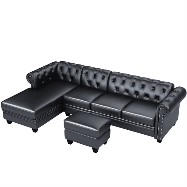 Dolcy Sectional Sofa Set in PU Leather in Black Color with Ottoman - Luxe Maple