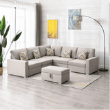 Nollon Linen Fabric Sectional Sofa with Pillows and Storage Ottoman Beige