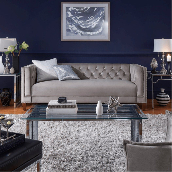 Silver Orchid Jewel-tuft Grey Suede Seating with Nailhead - Luxe Maple