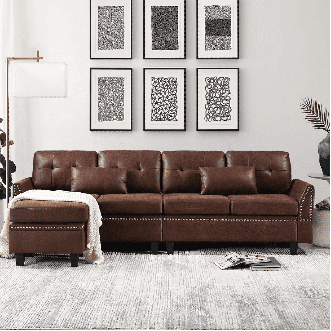 Viatol High Back Couch Mid-century Suede Leather Wood Legs Chaise Sofa Brown