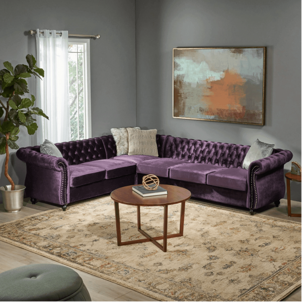 Amberside Suede Tufted Chesterfield Sectional Sofa - Luxe Maple