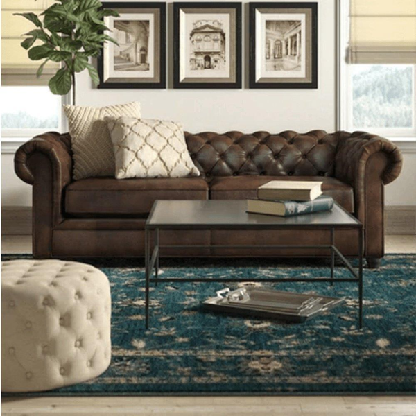 Rolled Arm Back Tufted Chesterfield Sofa in Leatherette - Luxe Maple