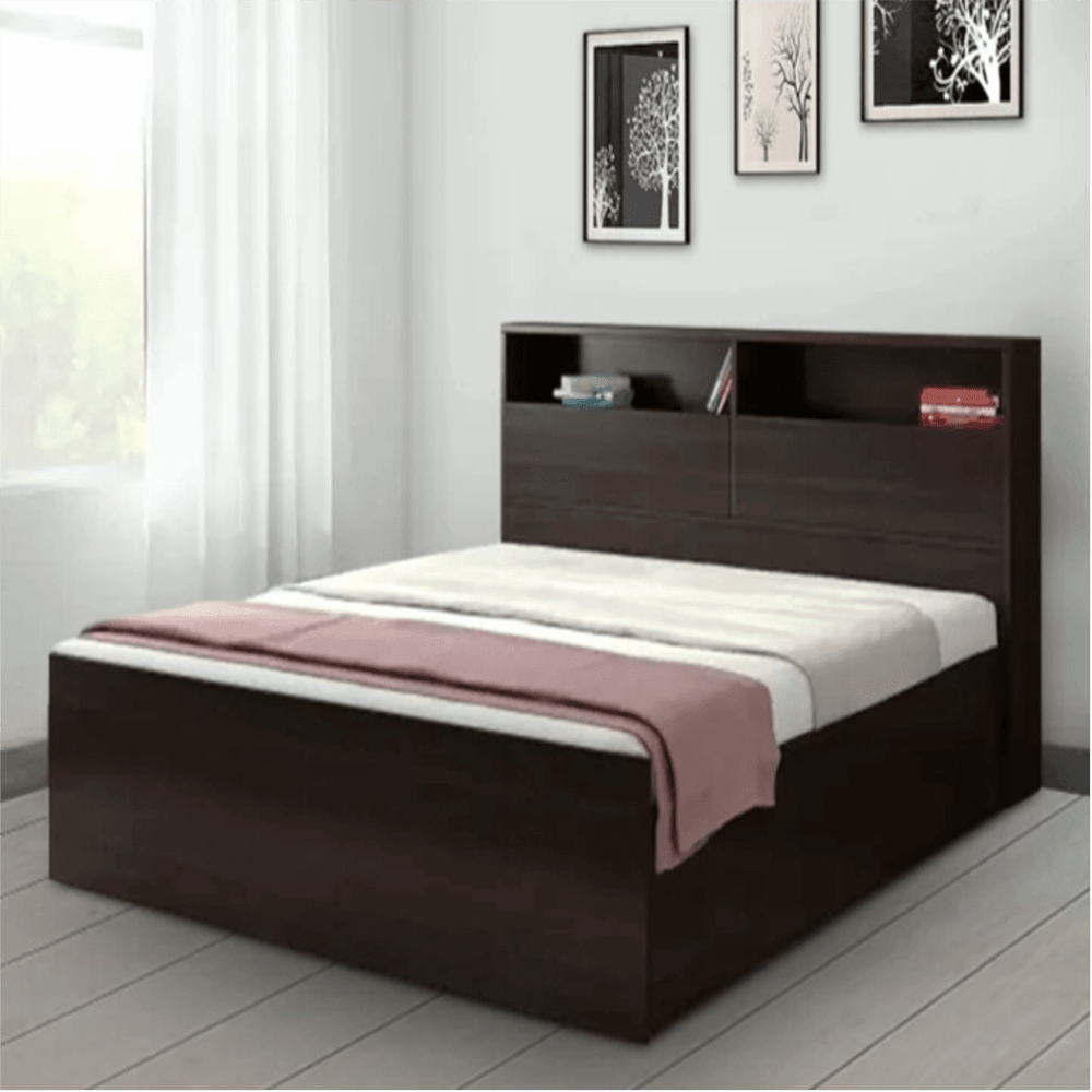 Denver Wooden Bed with Storage in Brown Glossy Finish King Pro