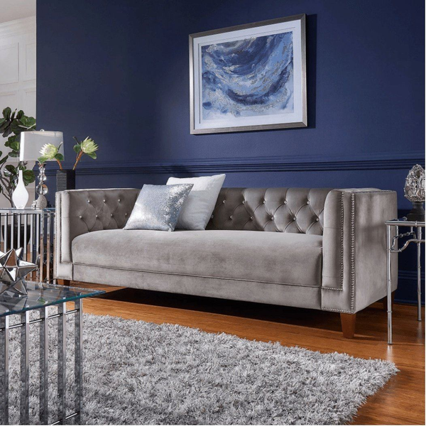 Silver Orchid Jewel-tuft Grey Suede Seating with Nailhead - Luxe Maple