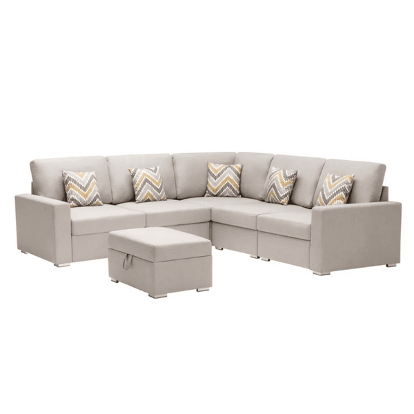 Nollon Linen Fabric Sectional Sofa with Pillows and Storage Ottoman - Luxe Maple