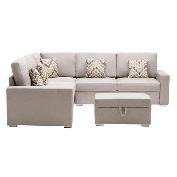 Nollon Linen Fabric Sectional Sofa with Pillows and Storage Ottoman - Luxe Maple
