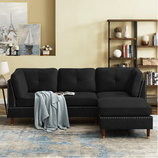 Glossy Sectional Suede Sofa Set With Ottoman - Luxe Maple