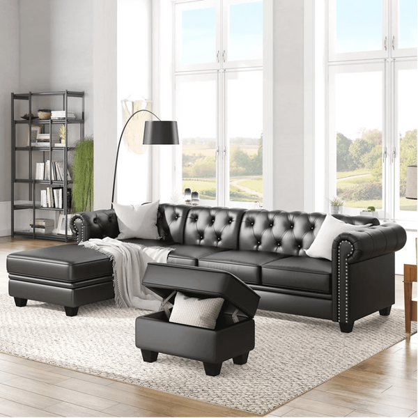 Dolcy Sectional Sofa Set in PU Leather in Black Color with Ottoman - Luxe Maple