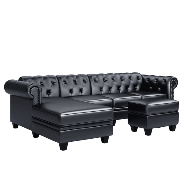 Dolcy Sectional Sofa Set in PU Leather in Black Color with Ottoman - Luxe Maple