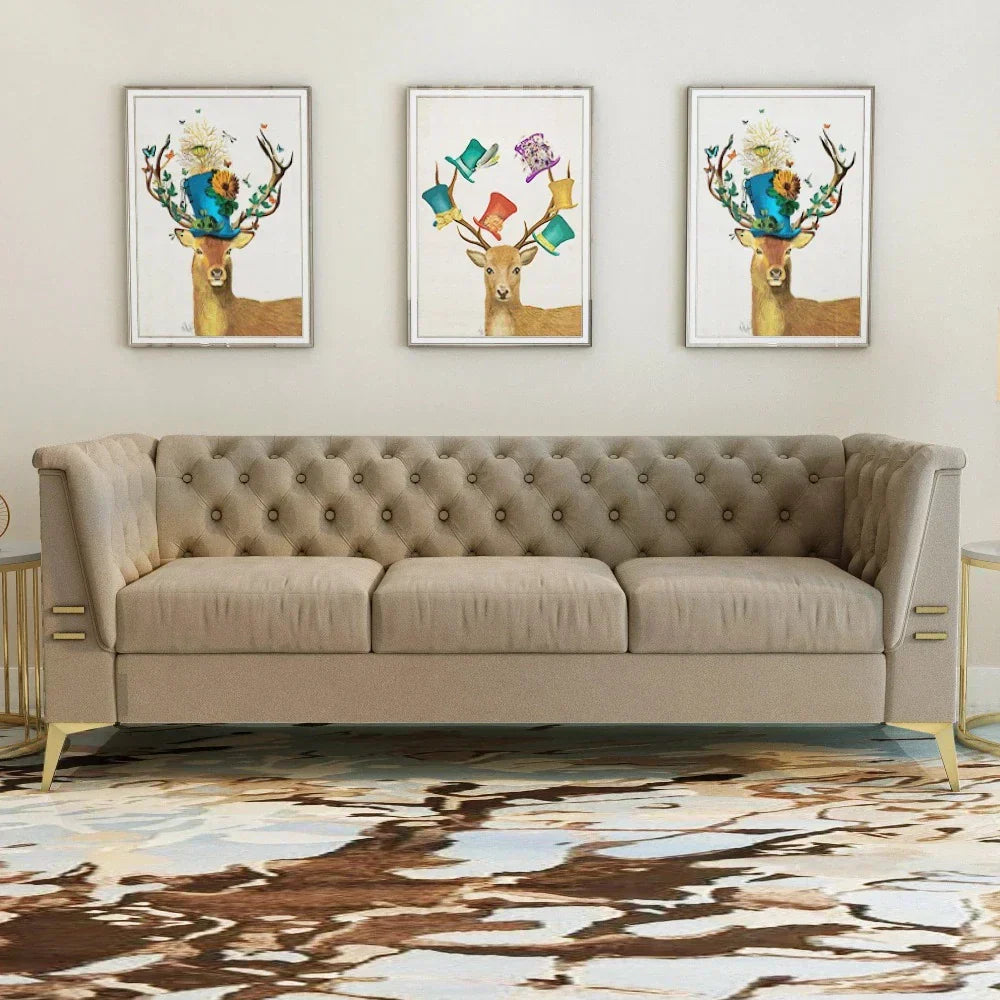 Loft Chesterfield Sofa Set in Suede 3 Seater Beige
