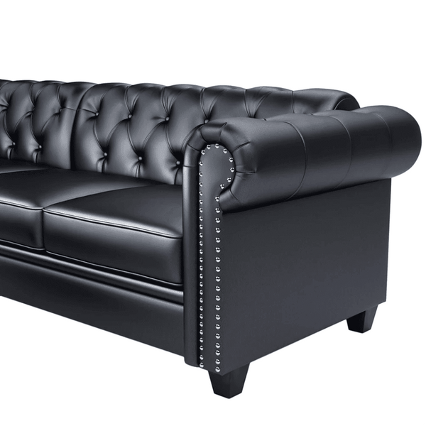 Dolcy Sectional Sofa Set in PU Leather in Black Color with Ottoman - Luxe Maple
