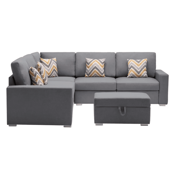 Nollon Linen Fabric Sectional Sofa with Pillows and Storage Ottoman - Luxe Maple