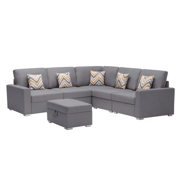 Nollon Linen Fabric Sectional Sofa with Pillows and Storage Ottoman - Luxe Maple