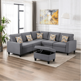 Nollon Linen Fabric Sectional Sofa with Pillows and Storage Ottoman Grey