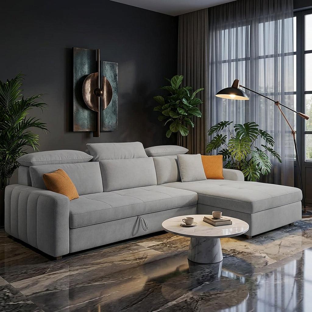 A light gray fabric sectional sofa with a chaise lounge in a modern, warm-toned living room. The sofa is styled with two orange accent pillows, set on a textured cream rug next to a small round white coffee table.