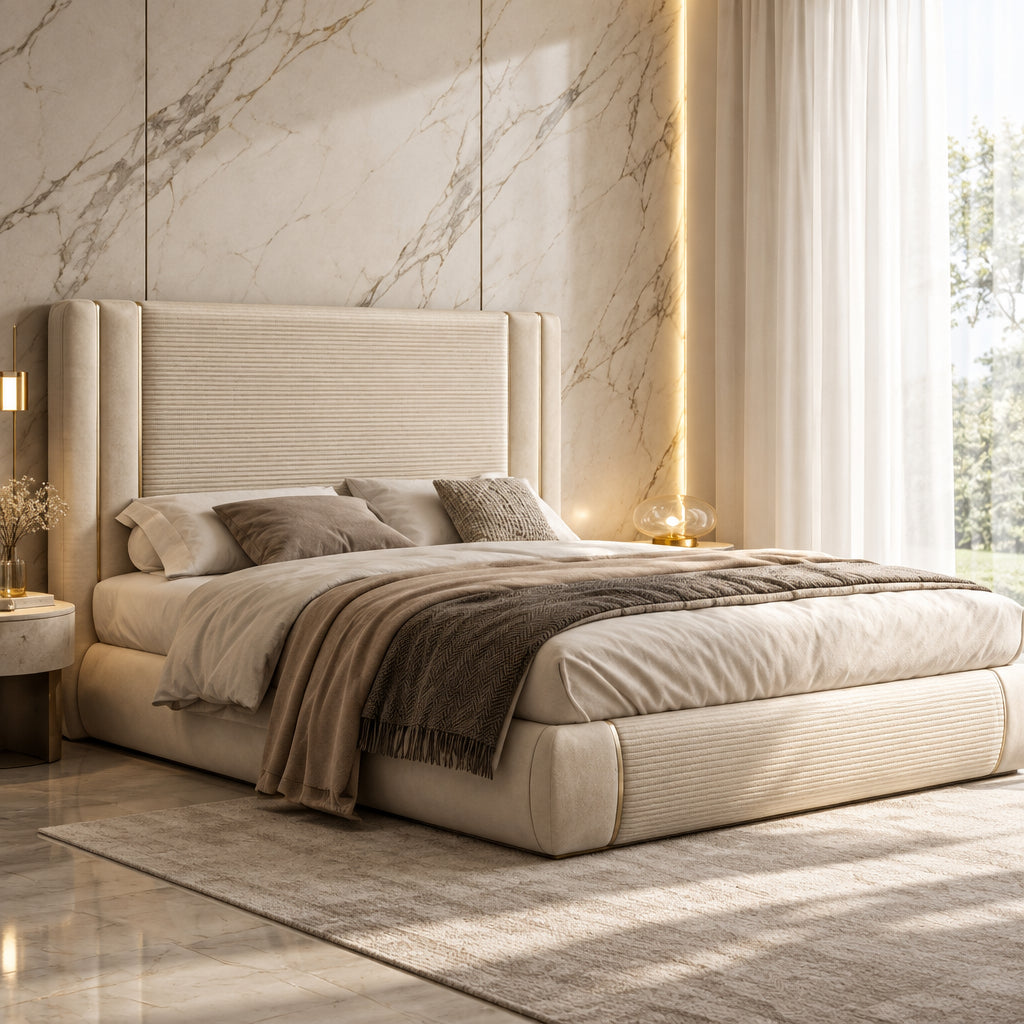 Dennis Luxury Upholstered Bed in Suede | Modern Luxury Bed - Luxe Maple
