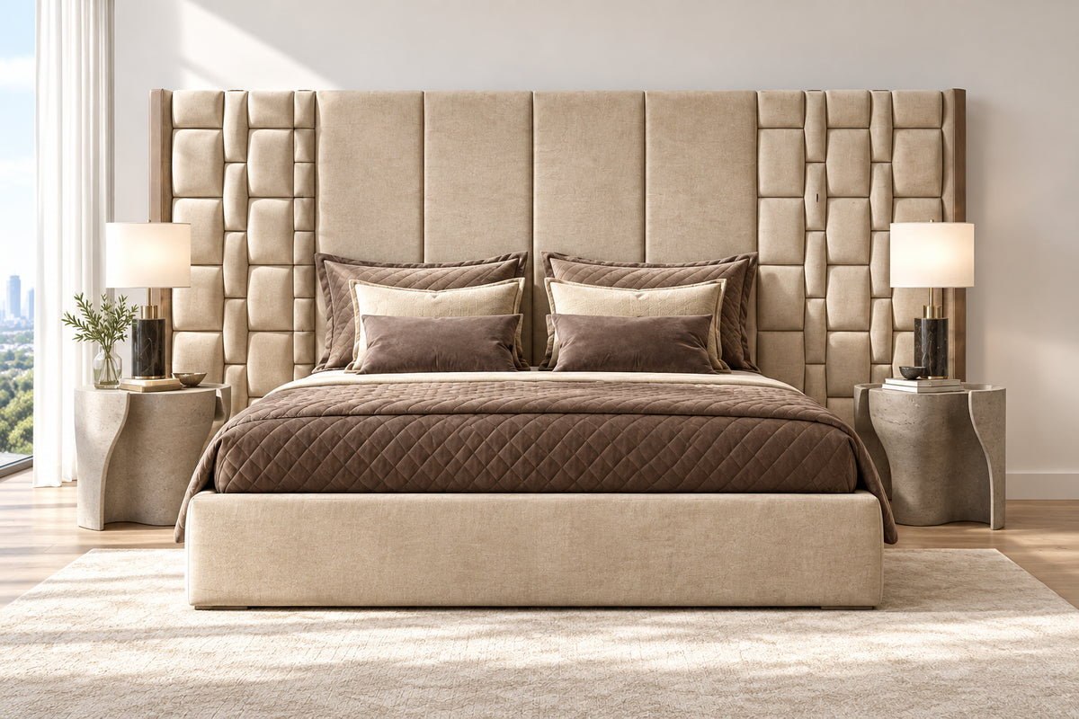 Jack & Hill Premium Upholstered Bed With Side Tables in Suede