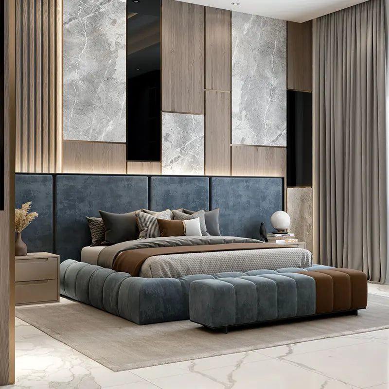 Loox Premium Upholstered Bed in Suede with Side Tables | Designer Bed - Luxe Maple