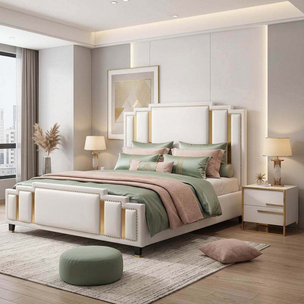 Luxter Premium Upholstered Bed in Leatherette | Designer Bed - Luxe Maple