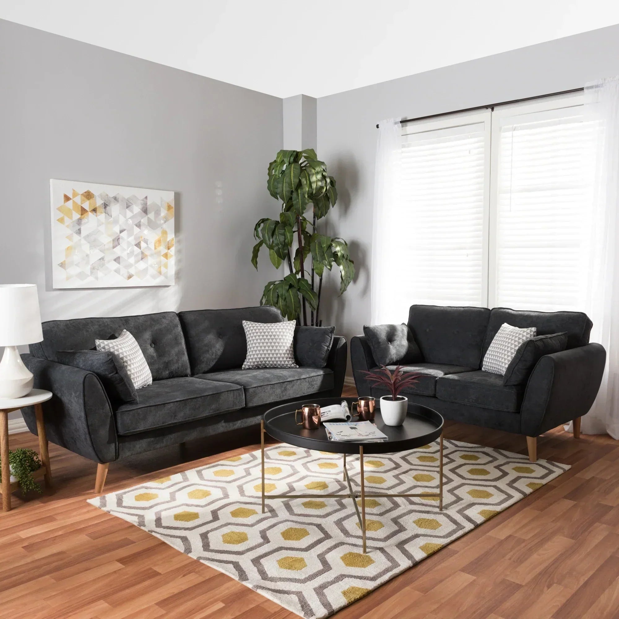 Baxton Straight Line Sofa Set in Suede Black
