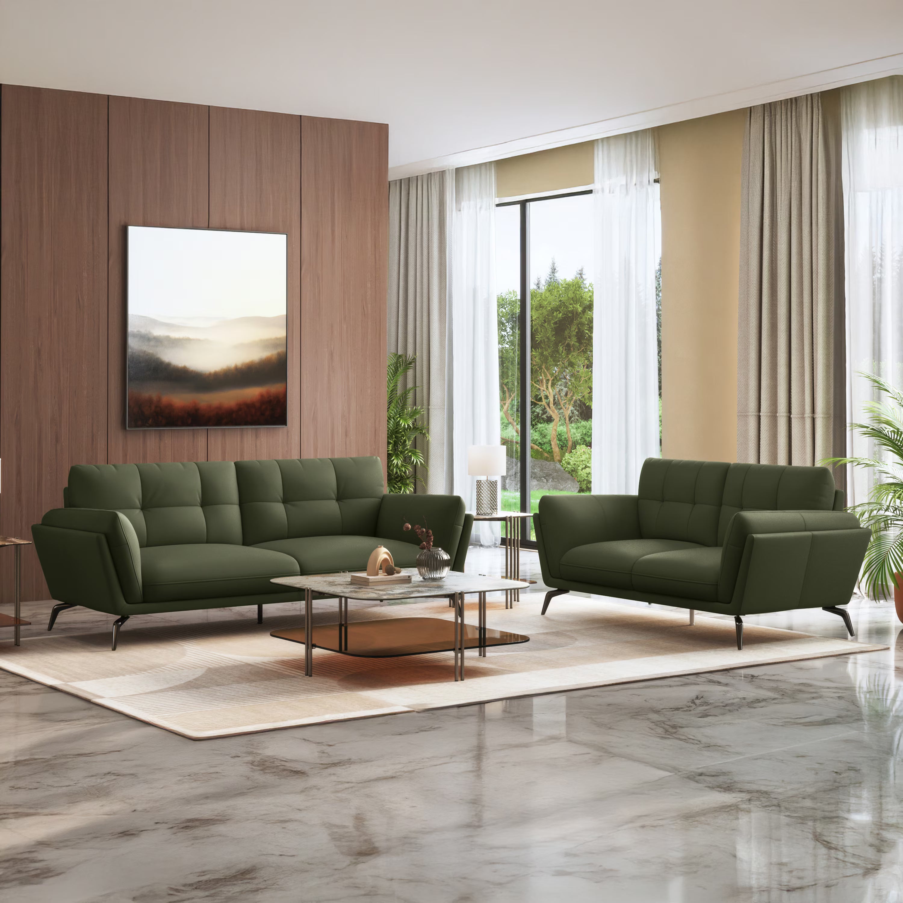 Volly Leatherette Sofa Set - Luxe Maple Olive Green