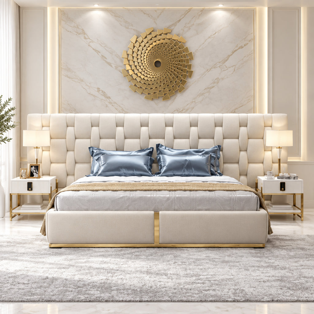 Casper Premium Upholstered Bed With Side Tables in Suede - Luxe Maple