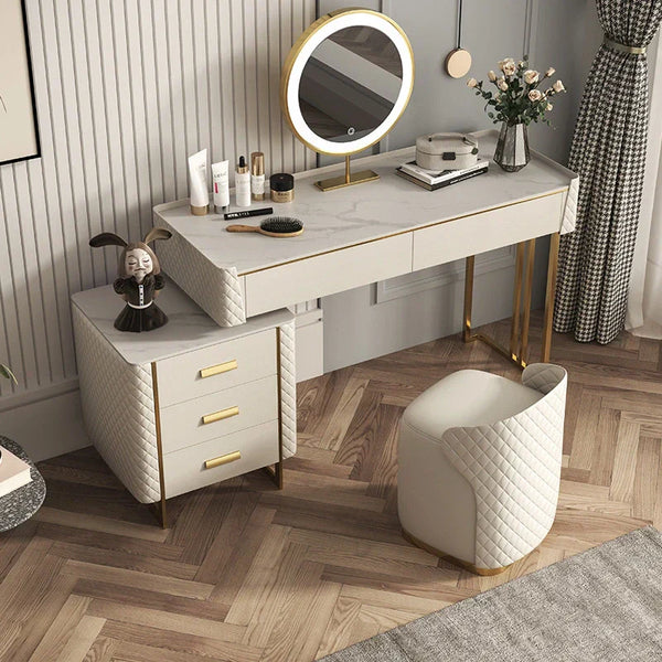 Pacific Dressing Table With Ottoman In Stainless Steel - Gold - Luxe Maple