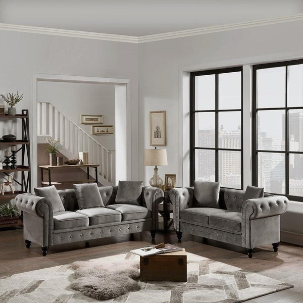 Cosmo Line Chesterfield Sofa Set in Grey - Luxe Maple
